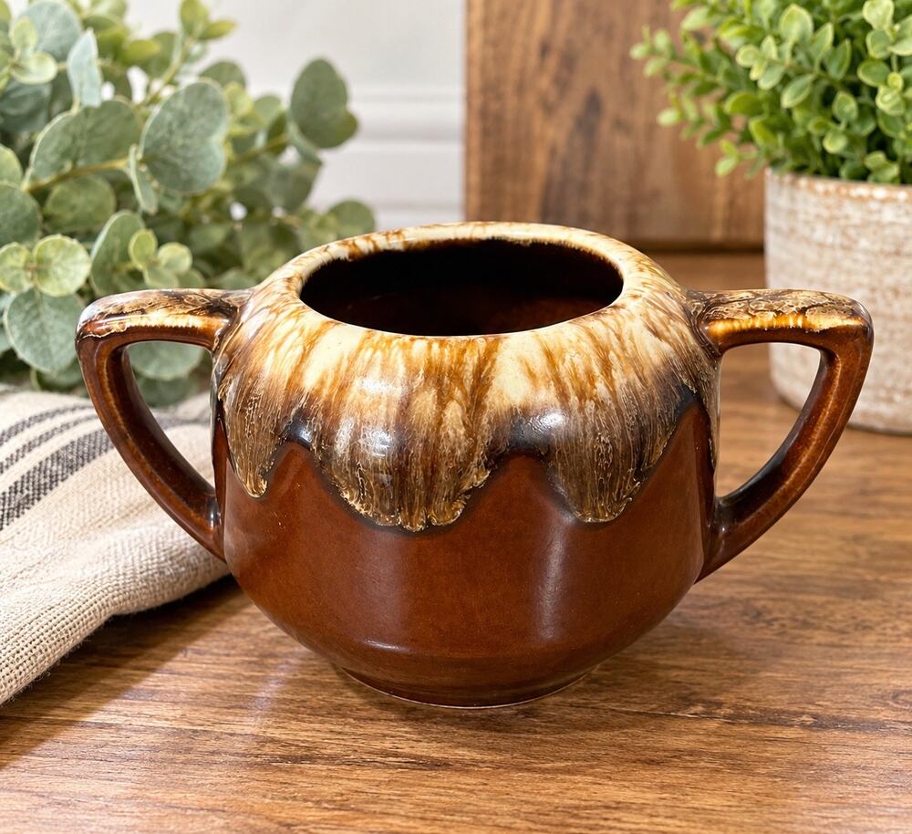 Vintage Kathy Kale Brown Drip Glaze Stoneware Sugar Bowl Double Handle USA